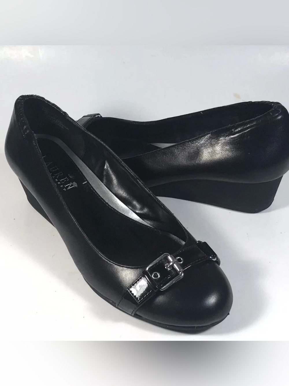 Ralph Lauren Ilena wedge Black Leather Buckle Ballet Flats